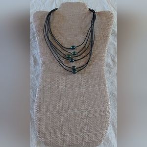 Handmade Green Pearl And Black Leather Necklace